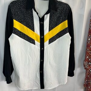 Susan Christopher Vintage Black and White Button-Up Shirt with Yellow Accent L